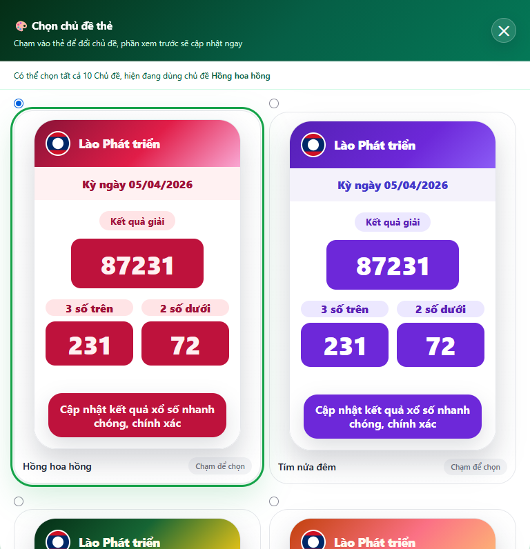 Ví dụ danh sách chủ đề thẻ